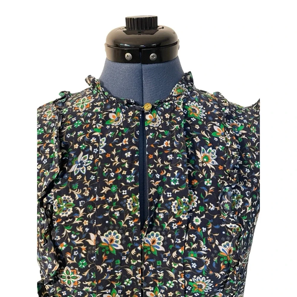 Tory Burch Silk Navy Floral Flutter Cap Sleeve Top Prairie Peasant Preppy Y2K 0